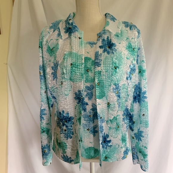 Two piece popcorn top and jacket blue green floral design Guessing L-XL - Picture 13 of 16